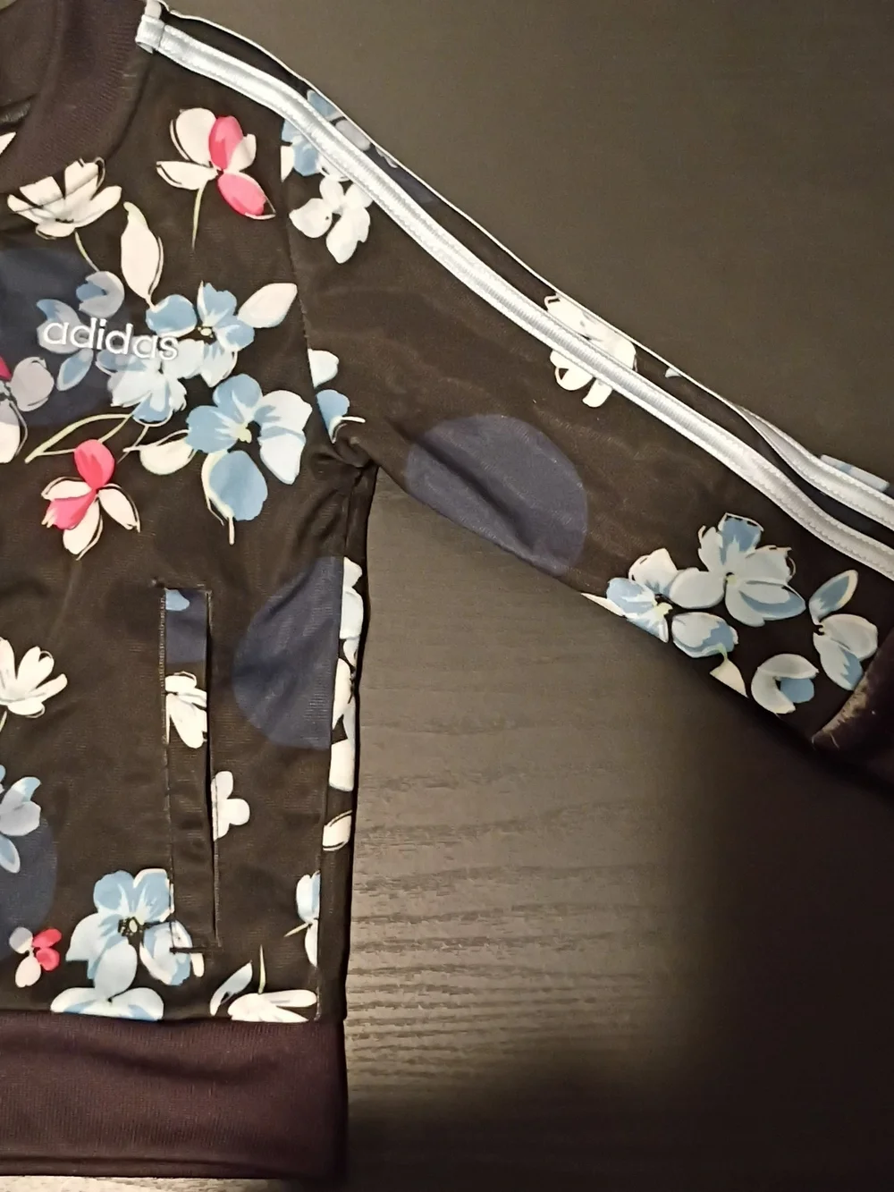 adidas Black Floral Bomber Jacket with Blue and Pink Accents